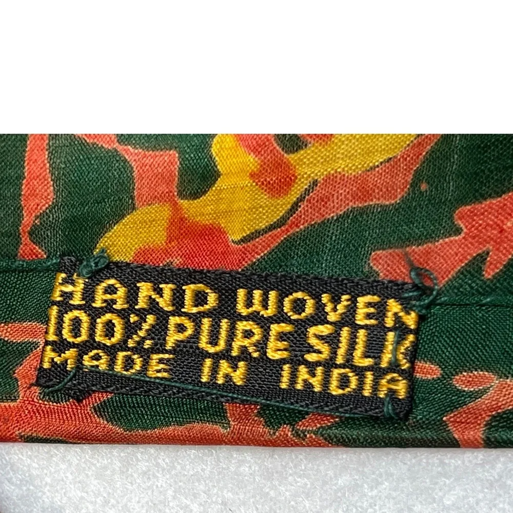 Womens Scarf Hand Woven Pure Silk Block Print 31x30 Green Red Wrap Bandana